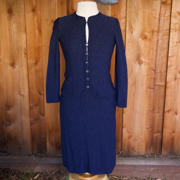 Vintage St. John For Saks Fifth Ave Blue Knitted Skirt & Sweater Set Woman's S - Picture 1 of 17